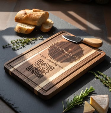 a cutting board with lightmarkpr logo