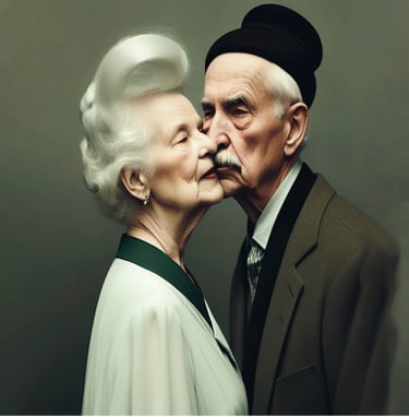 a man and woman kissing in front of a gray background