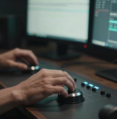 A professional video editor's hands working on a sleek, metallic jog dial in a dark studio setting. The scene is illuminated by the soft Pale Mist glow of monitors and a sharp Muted Teal accent light.