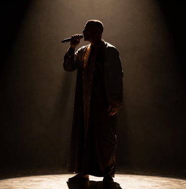 A professional performance photograph of a North African singer in a silhouette, illuminated by a warm golden rim light. The atmosphere is intimate and refined, set against a dark, minimalist stage.