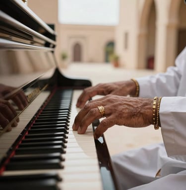 A detailed close-up of a Moroccan musician's hands resting on a polished dark piano, with subtle gold jewelry. The background shows hints of modern North African architecture in low light.
