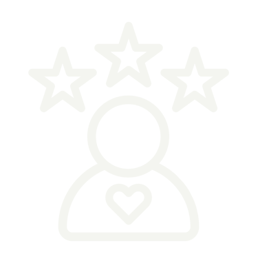 White line icon of a person with a heart and three stars representing customer reviews and loyalty.