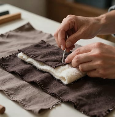 A medium shot of an artist's hands using a silver needle to stitch through three layers of fabric: a dark espresso cotton, a thick batting, and a muted taupe backing. The scene is set in a studio with soft morning light.
