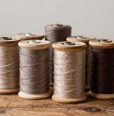 A vertical detail shot of several high-quality wooden spools of thread in varying shades of muted taupe, warm sand, and dark espresso, neatly arranged on a rustic wooden table.