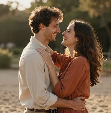 A medium shot of a couple in a warm embrace, laughing together in a garden bathed in golden hour light. The mood is authentic and romantic, featuring soft sand and warm terracotta colors in their clothing.
