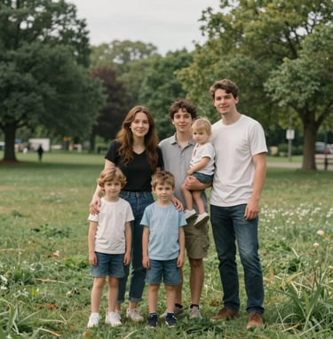 A candid, heartwarming photograph of a young family in a Burlington park, natural poses, soft lighting, showcasing a human connection and a reassuring mood in a North American / Canadian landscape.