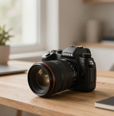 Close-up of a professional camera on a clean oak surface, soft daylight from a window, minimalist North American / Canadian home office setting, neutral palette of beige and cream.