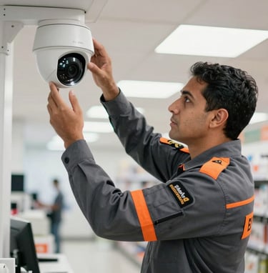 A professional security expert in a charcoal gray uniform with vibrant orange details, expertly adjusting a high-definition dome camera in a bright, modern South American / Brazilian retail space.