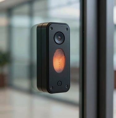 A macro photograph focusing on a sleek black biometric fingerprint scanner installed on a modern glass door in a South American / Brazilian corporate lobby. A soft vibrant orange light pulses from the sensor.