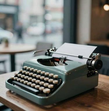Spontaneous, cinematic street photography style. A close-up of a vintage typewriter in an urban cafe, shallow depth of field, natural light coming from a large window. Touches of #F8F6F2 in the highlights.
