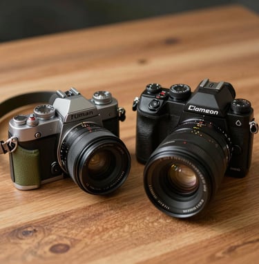 A professional close-up of two distinct cameras—one vintage film and one modern digital—resting on a wooden surface in a North American / US studio setting. The lighting is warm and artistic, showcasing the muted olive and sage green gear straps.