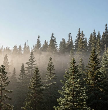 A stunning wide-angle nature shot of a North American / US forest at sunrise. The composition is clean and sophisticated, with soft off-white mist weaving through sage green pine trees under a clear, professional sky.