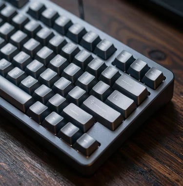 A close-up, sharp photograph of a high-end mechanical keyboard on a dark wood desk. The lighting is cool and focused, highlighting silver mist textures on the keys against deep sea slate shadows. The mood is precise and technical.