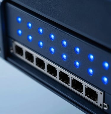 A macro photograph of blue LED indicators on a network server rack. The composition is clean and modern, using dark charcoal navy for the deep shadows and pale arctic sky for the glowing light points. It represents data security and connectivity.