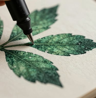 A macro photograph focusing on the fine ink details of a botanical illustration on thick, textured paper. The ink is dark forest green and the paper is a warm creamy off-white. The depth of field is shallow, highlighting the artisan's precision.