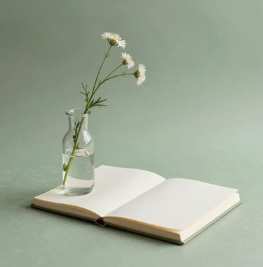 A minimalist still-life photograph featuring a delicate glass vase with a single wildflower branch, set beside a handmade sketchbook. The colors are soft moss green and creamy off-white, with clean lines and soft natural lighting.