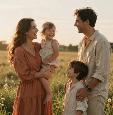 A candid, medium shot of a young family laughing together in a sun-drenched meadow. They are dressed in light terracotta and warm beige linen. The lighting is soft and golden, with the sun behind them creating a cinematic halo effect. Authentic interactions and genuine joy.
