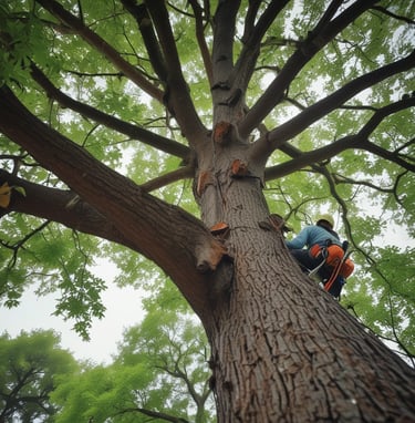A skilled arborist carefully trimming branches from a large oak tree on a sunny day.