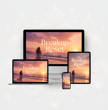 The Breakup Reset displayed on a monitor, laptop, tablet, and smartphone with a beach sunset background.