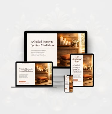 Digital devices displaying a spiritual mindfulness guide on laptop, tablet, and smartphone screens.