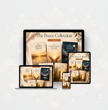 The Peace Collection spiritual guides displayed on a laptop, tablet, and smartphone screens.