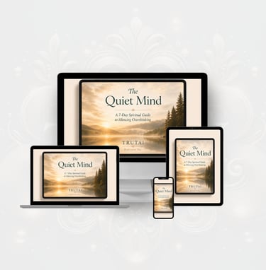 The Quiet Mind 7-day spiritual guide displayed on a laptop, tablet, and smartphone.