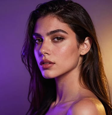 A close-up seductive portrait of an elegant model in a premium studio, illuminated with striking neon violet and warm gold backlighting, Latin American / Global vibe, high-fashion dark-mode photography.