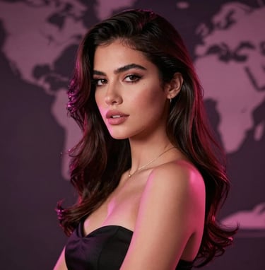 A premium adult studio scene with soft neon pink lighting casting a sophisticated glow on a gorgeous model, seductive atmosphere, luxury dark-themed background, Latin American / Global setting.