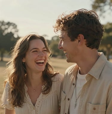 A candid, cinematic close-up of a young couple laughing together in a sun-drenched Western / Global park. The lighting is warm and golden, highlighting their genuine joy. The color palette features soft sand and warm beige tones.