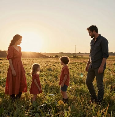 A lifestyle shot of a family playing in a meadow in a Western / Global countryside setting during sunset. The image is sun-drenched with cinematic light flares, featuring natural terracotta and charcoal accents in their clothing.