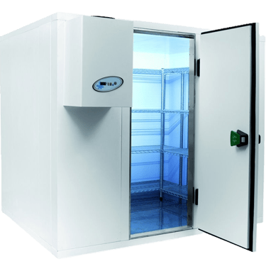 Walk-in cooler with open door showing interior shelving