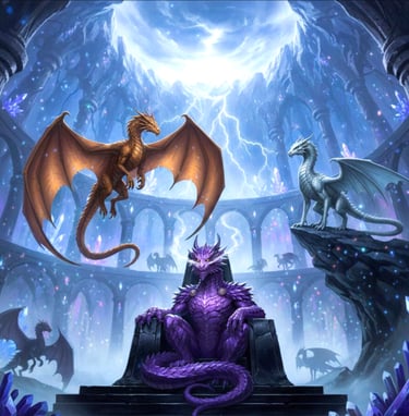 Dragon King Drakthor on his throne, with dragons around him