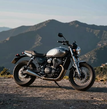 A medium shot of a custom motorcycle parked on a high-altitude overlook in a Global / Western landscape. The lighting is low-sun, creating long shadows and highlighting the metallic silver grey textures of the bike against a dark charcoal mountain silhouette.