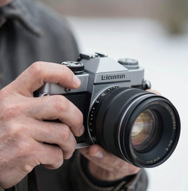 A close-up, detailed shot of a photographer's hand adjusting a vintage camera lens. The person is wearing a dark charcoal leather jacket in a Global / Western outdoor setting. The focus is sharp on the mechanical details of the camera with a blurred soft white background.