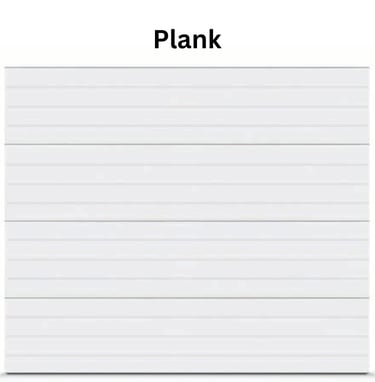 Modern white plank style garage door with horizontal paneling for a contemporary home exterior.