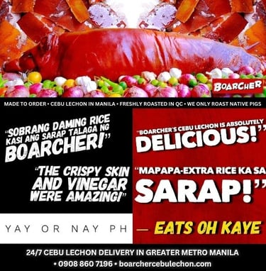 photo collage of cebu lechon reviews of boarcher cebu lechon house