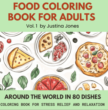Book cover for food coloring books with graphic images of pizza slices