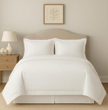 a bed with a white bedding and a lamp