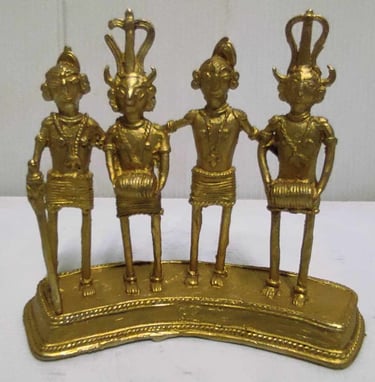 "Gold-painted brass sculpture of four tribal dancers–handcrafted Bastar ethnic decor-Export-standard"