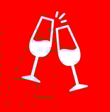 Two white wine glasses clinking together on a solid red background, symbolizing celebrations & drink