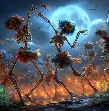 Album art for EmberVox song showing skeletons dancing to the music