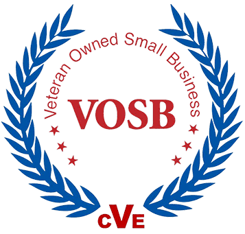 Official VOSB logo for a CVE certified Veteran Owned Small Business with blue laurel wreath.