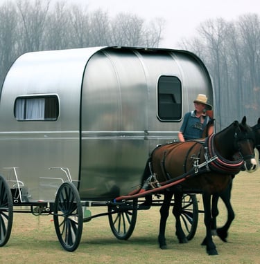 man riding horse pulling a silver color metal camper