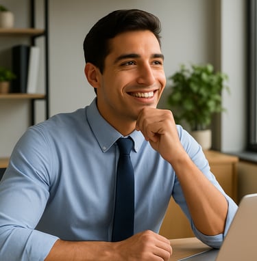 Hombre en la oficina, pensando en emprender y poner un negocio para más ingresos.