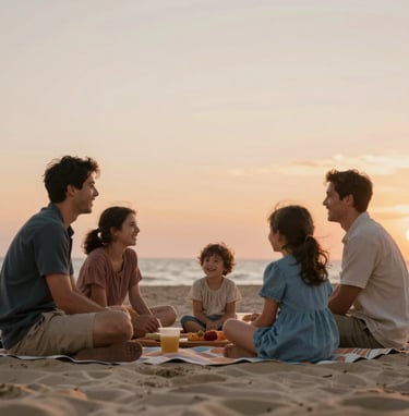 A candid, cinematic shot of a family sharing a picnic on a sandy beach. Spontaneous laughter, warm tones of the setting sun, textures of sand (#FDF8F0) and sunset colors (#AD7B5B). Genuine, intimate interaction.