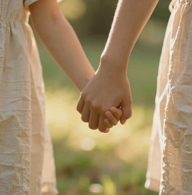A cinematic close-up of a child's hand holding their parent's hand while walking in a sun-drenched garden. Warm, golden sunlight filtering through leaves. High-contrast, authentic, and cinematic style with a soft sandy palette.