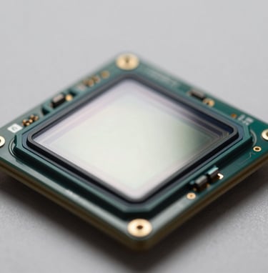 A technical macro close-up of a digital camera sensor with light reflecting off its surface, showcasing high-tech precision. The background is a clean slate gray, emphasizing a modern tech aesthetic.