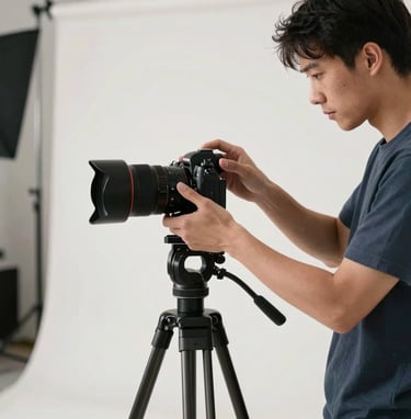 A professional photographer working in a sleek North American studio, adjusting a modern mirrorless camera on a tripod. The lighting is soft and natural, with a palette of dark blue-gray and off-white.