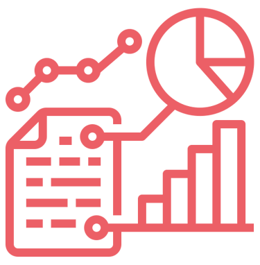 Red data analysis icon featuring a line graph, pie chart, bar chart, and report document.