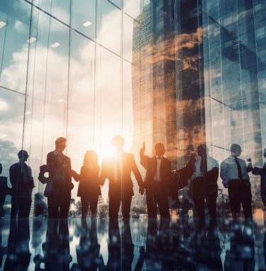 a group of business people standing in front of a building